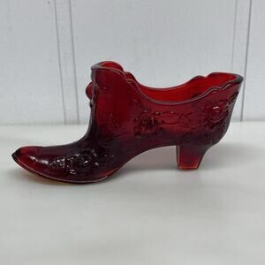Sold! Fenton Art Glass Red Glass Cabbage Rose Shoe Slipper Boot Glows Vtg